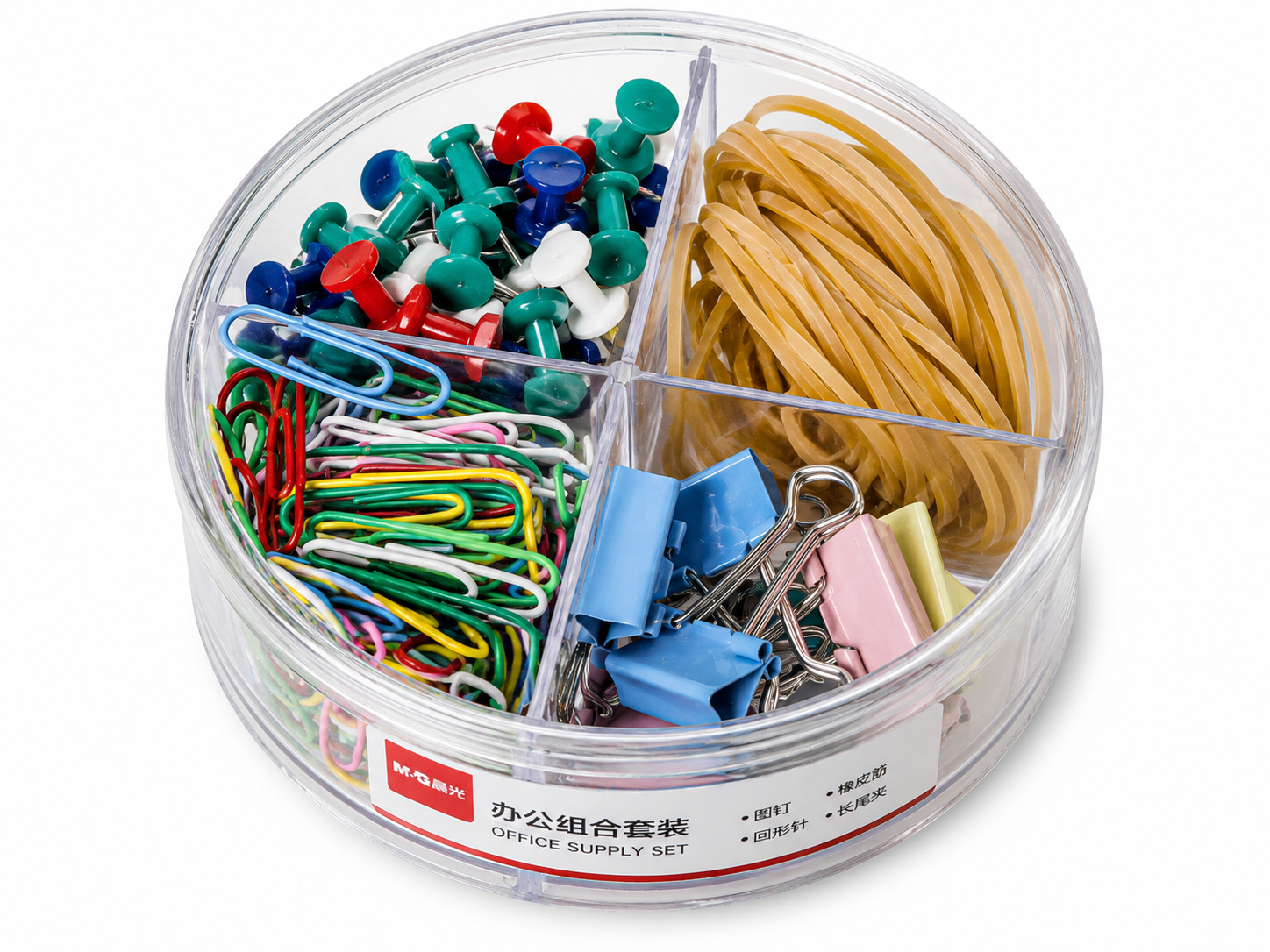KIT FOURNITURES DE BUREAU ASSORTIES – PUNAISES, TROMBONES, ÉLASTIQUES ET PINCES